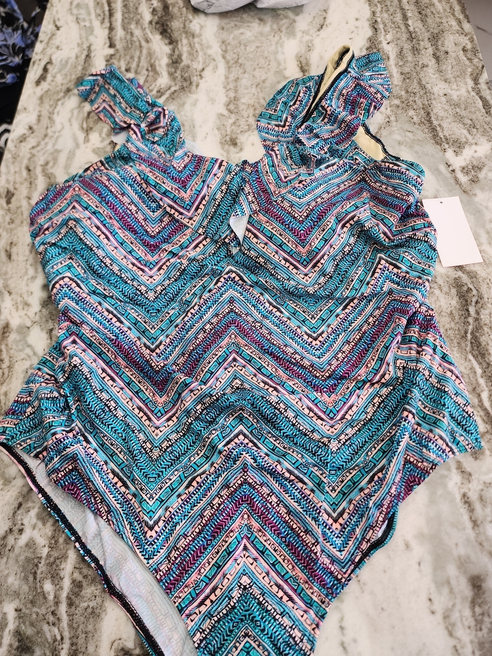 Swimsuits For All Chevron Print One-Piece Swimsuit in Teal and Pink New With Tag
